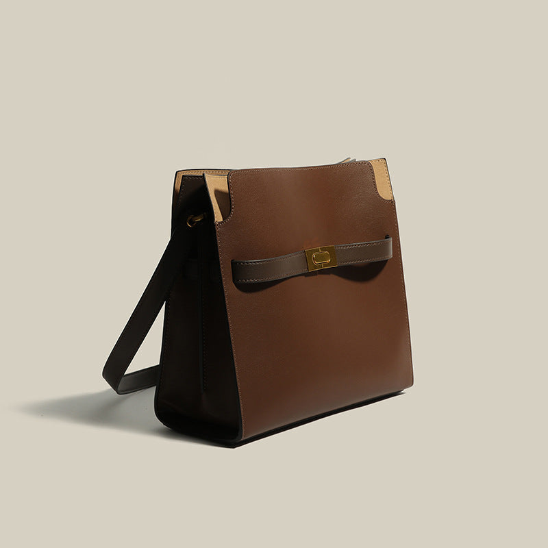 Women's Genuine Leather Square Minimal Satchel Shoulder Bags- Brown