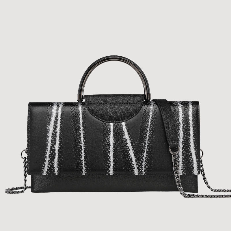 Women's Large Handbags Genuine Leather Snakeskin Embossed Black