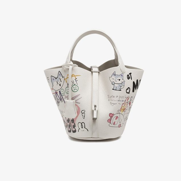 Women's White Graffiti Print Small Tote Bags with Pouch