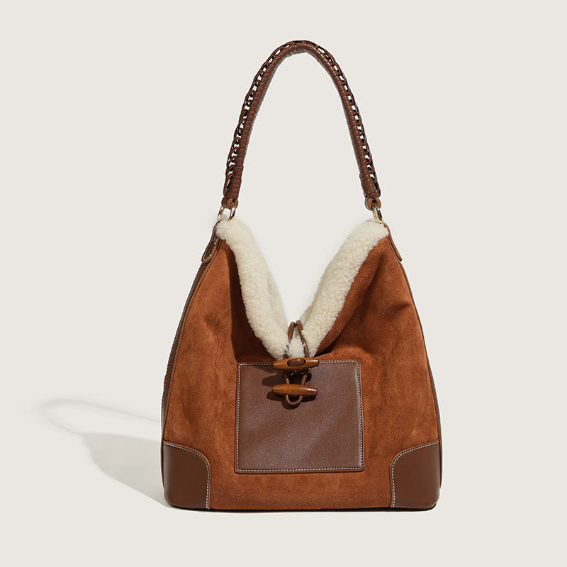 Women's Two Tone Fuzzy Hobo Bags in Brown Faux Suede Leather