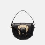 Women's Black Large Buckle Genuine Leather Saddle Bags with Crossbody Strap