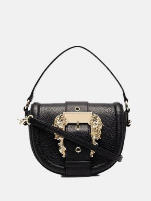 Women's Black Large Buckle Genuine Leather Saddle Bags with Crossbody Strap
