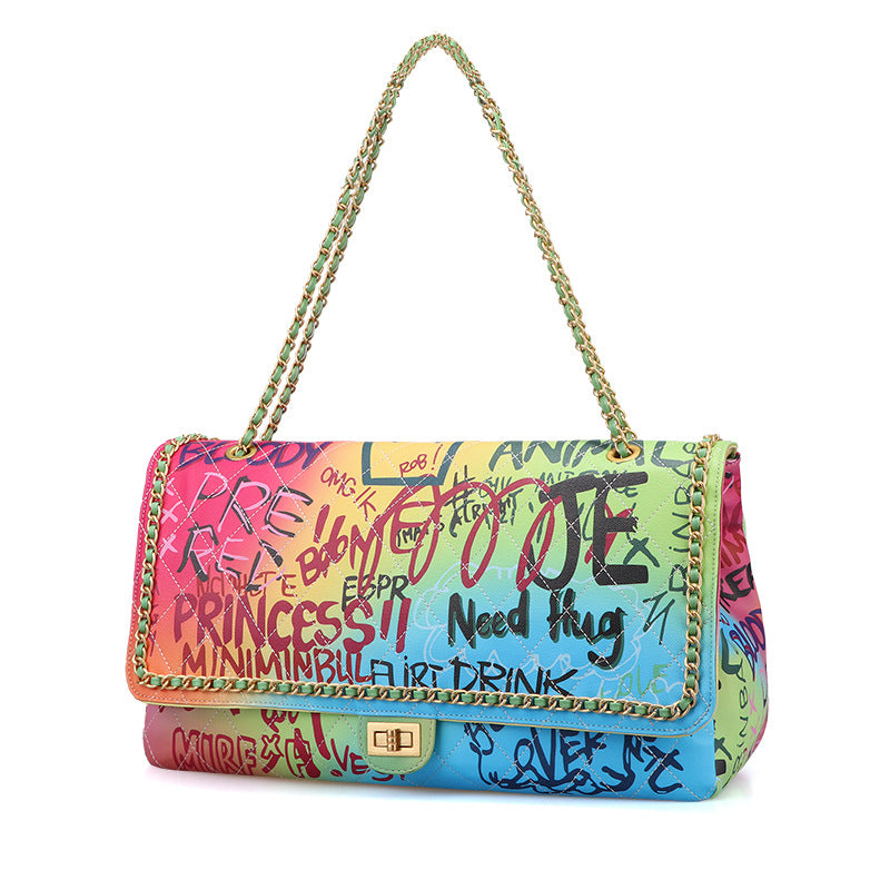 Women's Graffiti Quilted Large Chain Bags