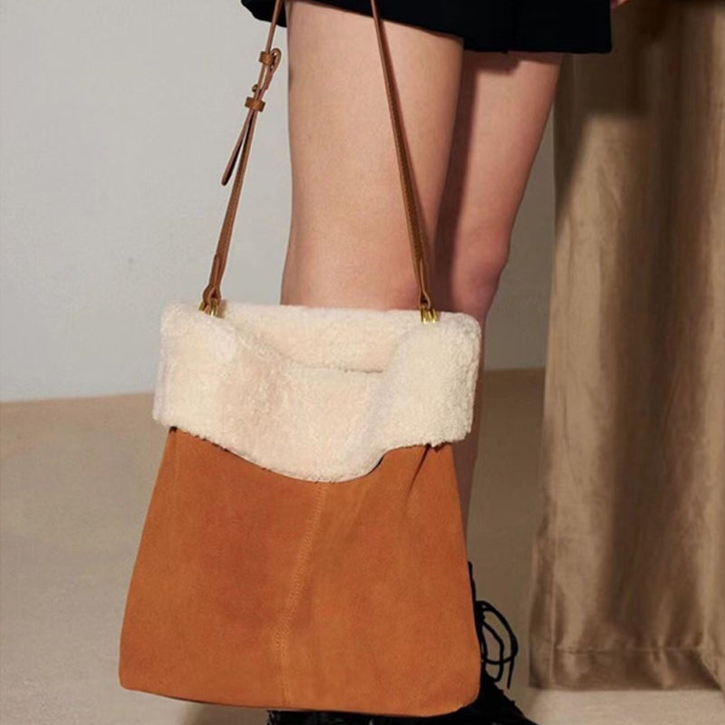 Women's Shearling Soft Shoulder Tote Bags in Genuine Suede Leather