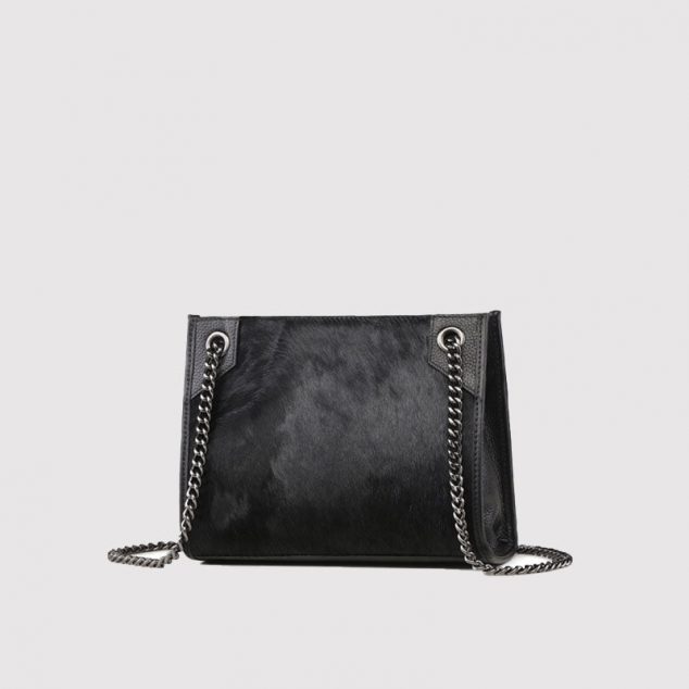 Women's Horse Fur Genuine Leather Chains Shoulder Bags Black