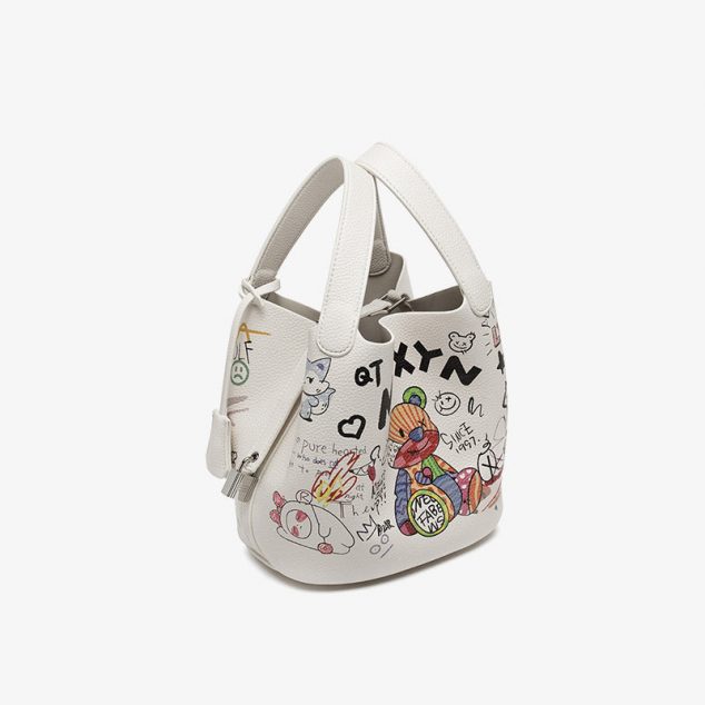 Women's White Graffiti Print Small Tote Bags with Pouch