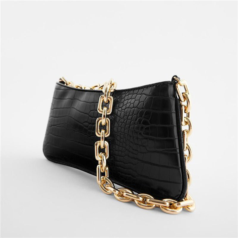 Women's Chains Baguette Bag in Black Croc Print Vegan Leather - ROMY TISA