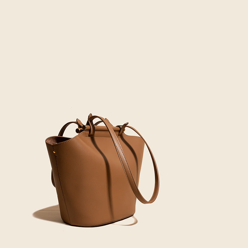 Women's Minimalist Genuine Leather Bucket Tote Bags with Interior Pouch