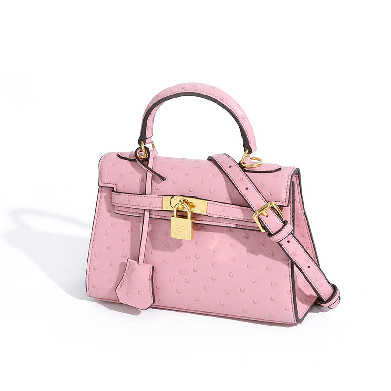 Designer Padlock Ostrich Leather Satchel Purse Crossbody Bag Handbag