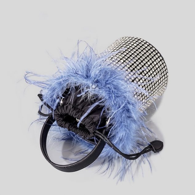 Damen All Over Rhinestones Pelzige Zylinder Kordelzug Eimer Abendtaschen