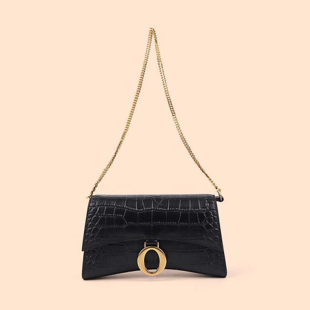 Women's Black Croc Print Genuine Leather Flap Baguette Bags with Chains