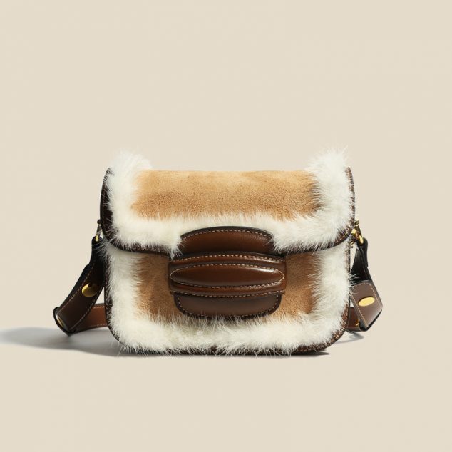 Women's Fur Trim Genuine Leather Flap Mesenger Bags in Brown