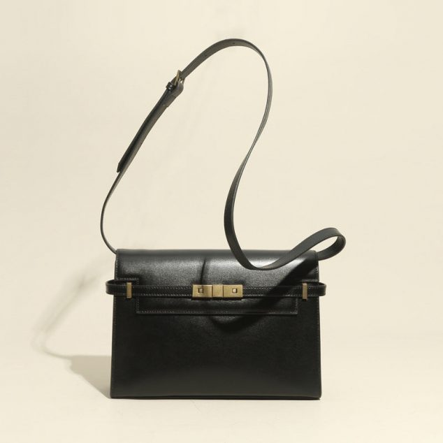 Women's Large Buckle Genuine Leather Shoulder Bags - Black