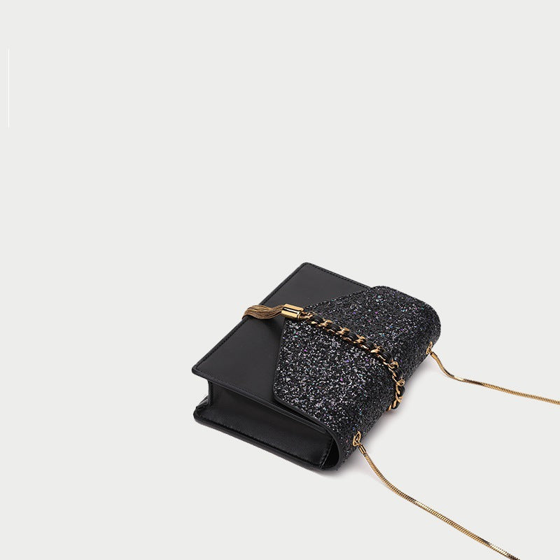Women's Black Glitter Envelope Crossbody Bags with Tassel