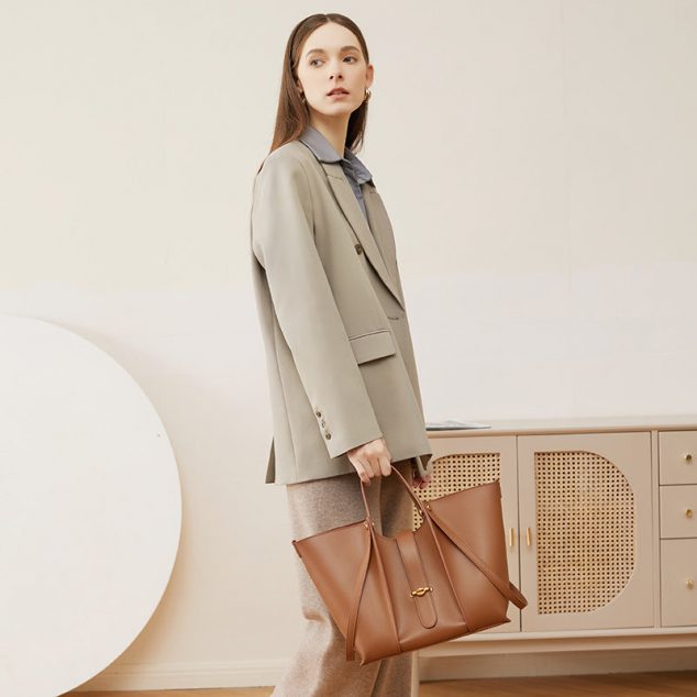 Women's Genuine Leather Dual Straps Tote Bags with Buckle
