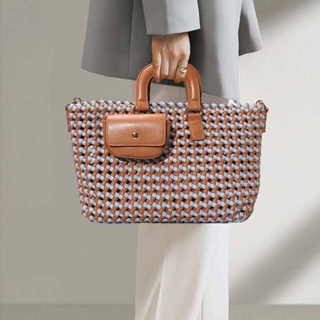 Women's Handmade Two Tone Braided Tote Bags in Vegan Leather