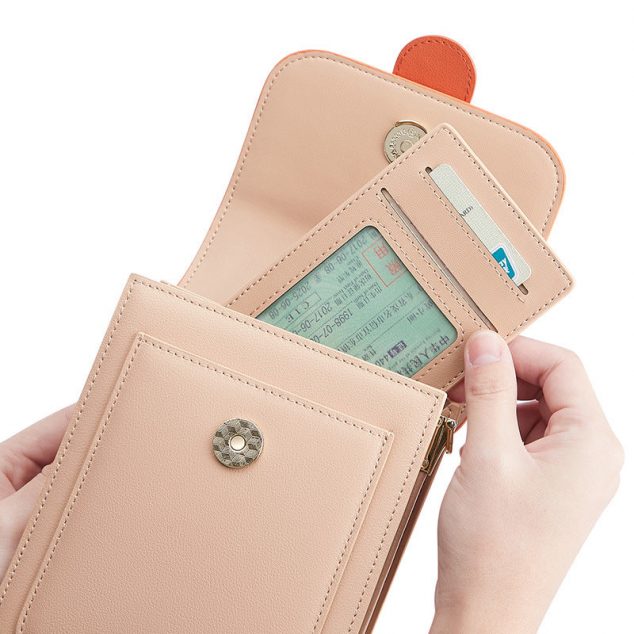 Pochette de téléphone bicolore en cuir véritable pour femmes