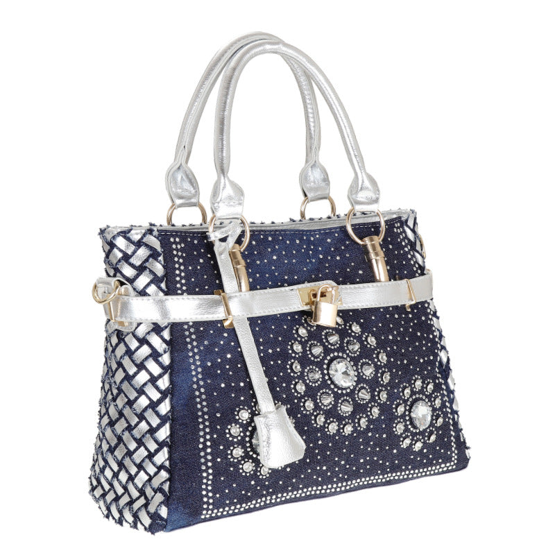 Women's Blue Denim Woven Rhinestones Handbags with Lock