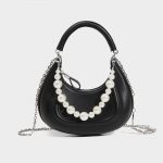 Petit sac à main à poignée en forme de demi-lune avec des perles et des chaînes pour femmes