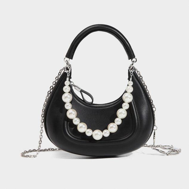 Women's Pearls Half Moon Small Top Handle Bags with Crossbody Chains