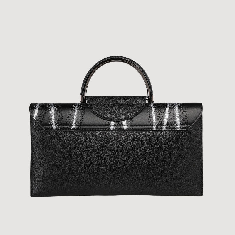 Women's Large Handbags Genuine Leather Snakeskin Embossed Black