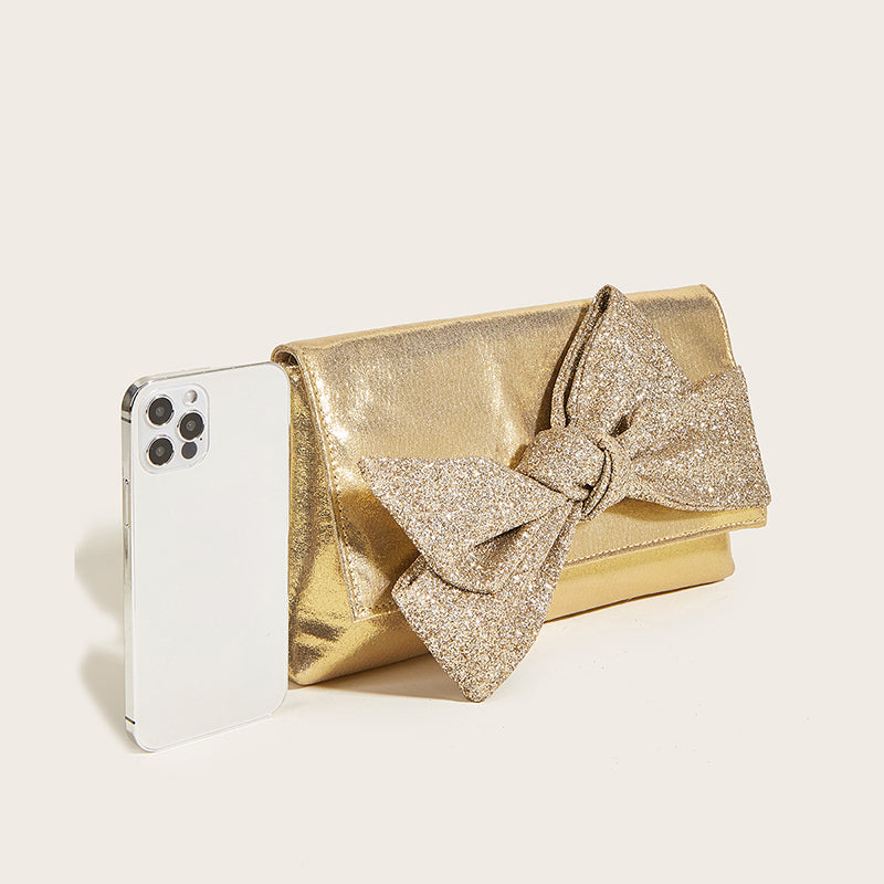 Women's Gold Sparkly Glitter Bow Evening Clutch Bags