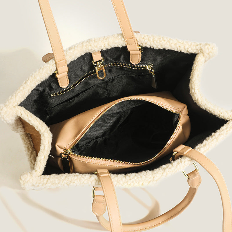 Women's Fuzzy Shoulder Handbags Vegan Leather