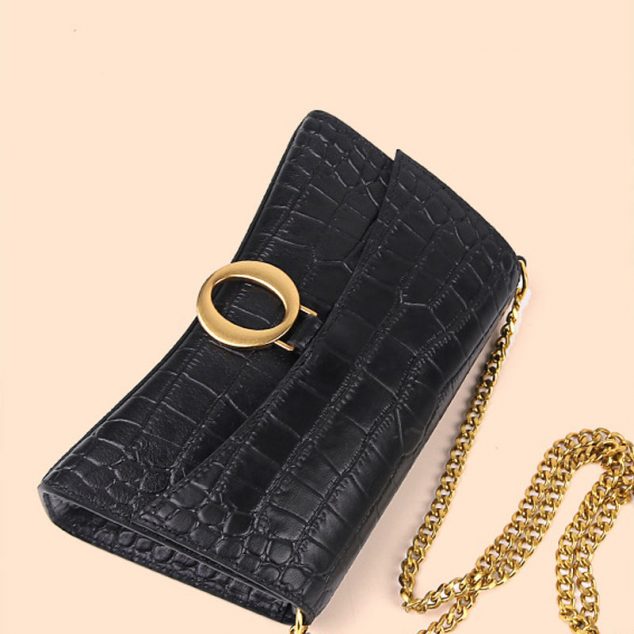 Women's Black Croc Print Genuine Leather Flap Baguette Bags with Chains