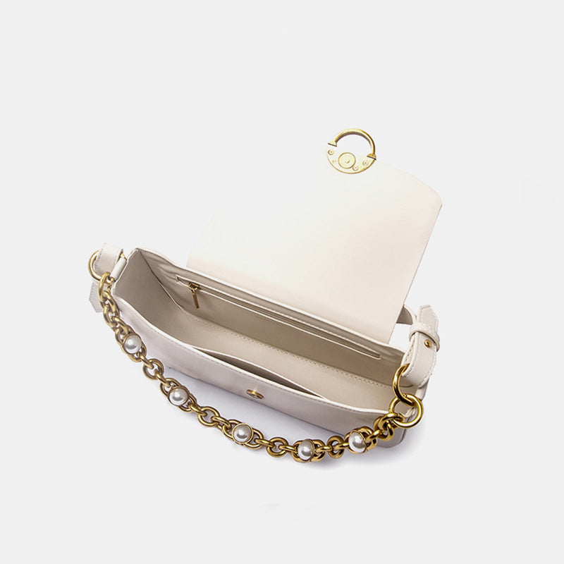 Women's Baguette Bags with Chains Pearls in Vegan Leather