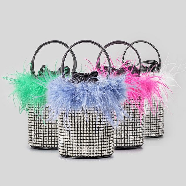 Damen All Over Rhinestones Pelzige Zylinder Kordelzug Eimer Abendtaschen