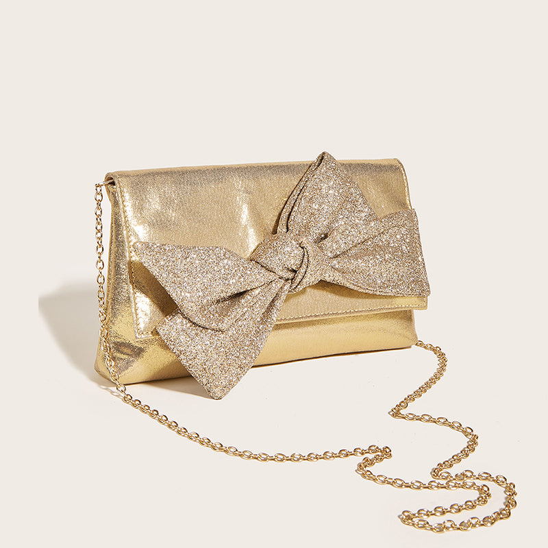 Women's Gold Sparkly Glitter Bow Evening Clutch Bags