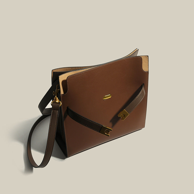 Women's Genuine Leather Square Minimal Satchel Shoulder Bags- Brown