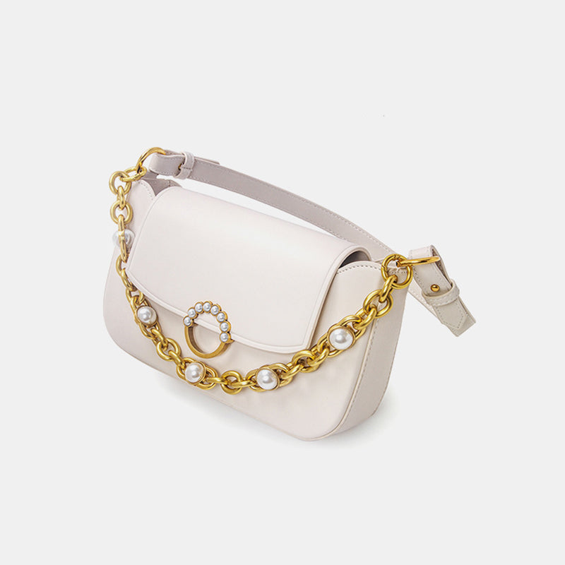 Women's Baguette Bags with Chains Pearls in Vegan Leather