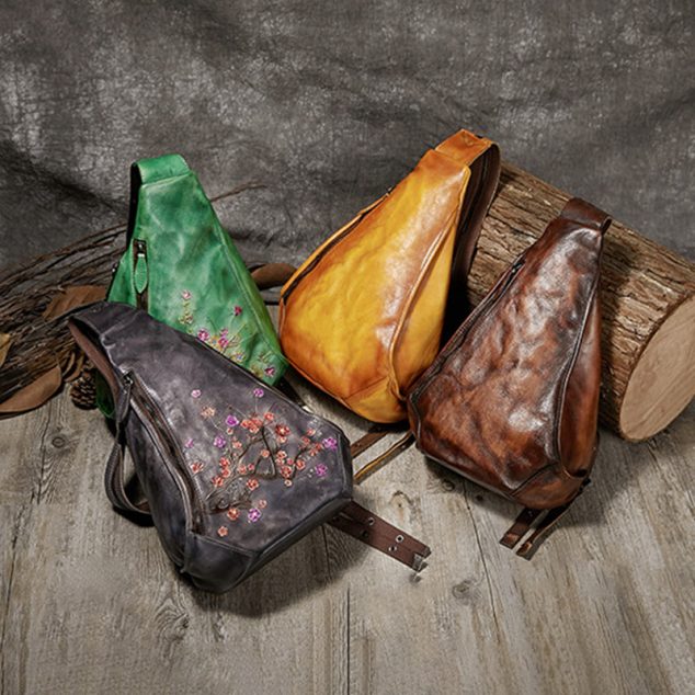 Women's Flower Embossed Vintage Genuine Leather Sling Bags