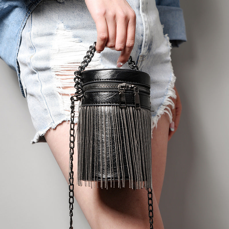 Women's Fringe Cylinder Bucket Bags in Black