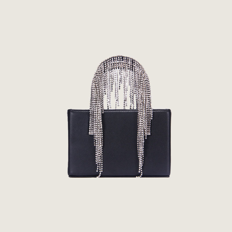 Women's Rhinestones Fringe Top Handle Purse Black