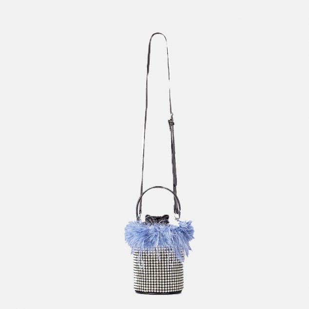 Damen All Over Rhinestones Pelzige Zylinder Kordelzug Eimer Abendtaschen