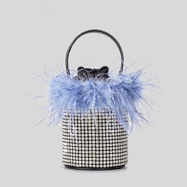 Damen All Over Rhinestones Pelzige Zylinder Kordelzug Eimer Abendtaschen