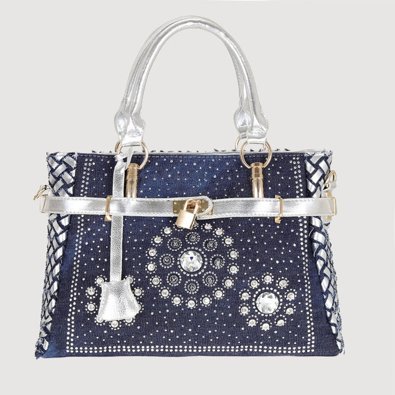 Women's Blue Denim Woven Rhinestones Handbags with Lock