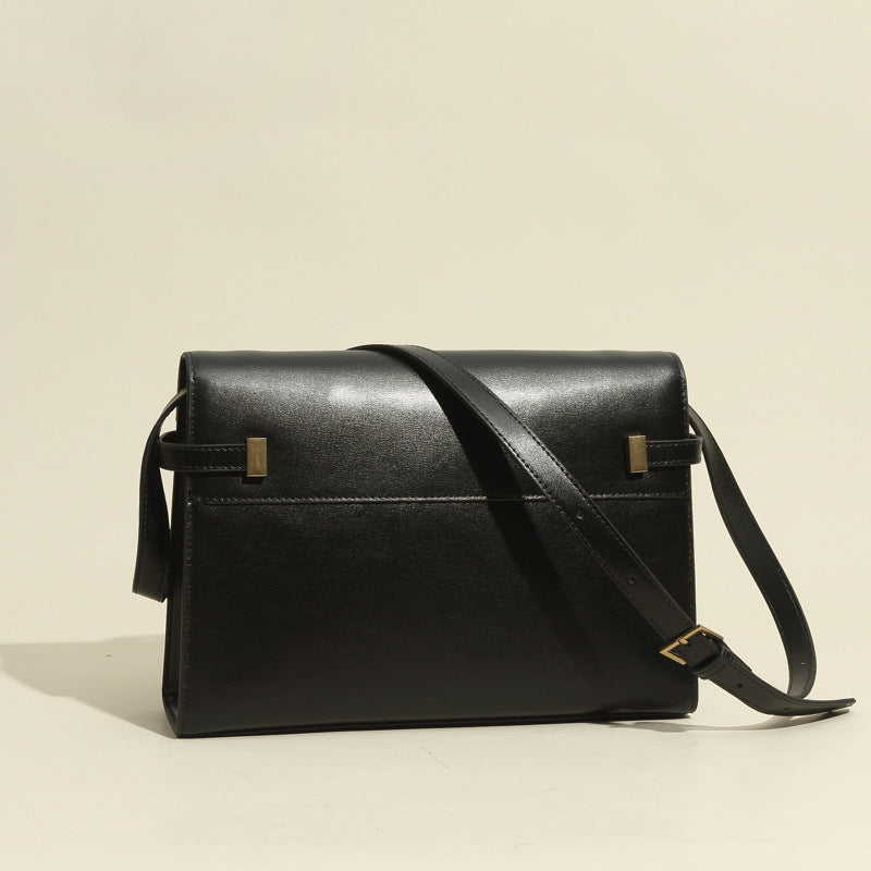 Women's Large Buckle Genuine Leather Shoulder Bags - Black