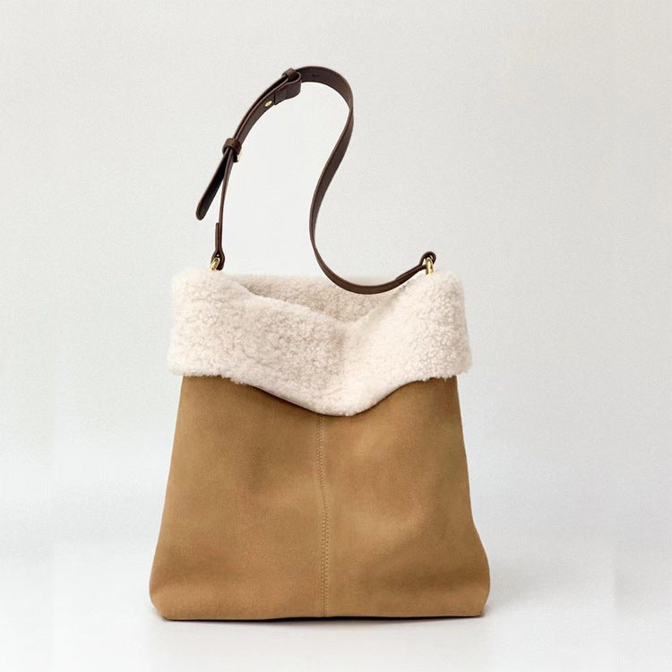 Women's Shearling Soft Shoulder Tote Bags in Genuine Suede Leather
