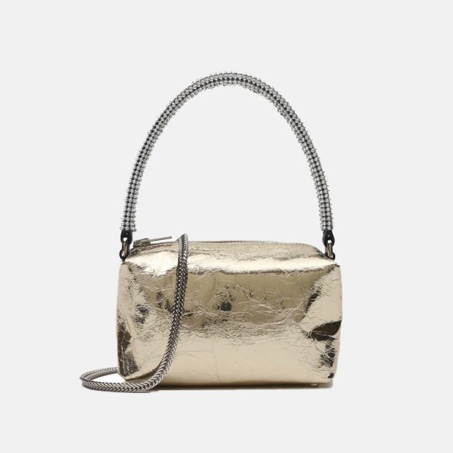 Women's Stone Grain Rhinestone Handle Clutch Bags in Genuine Leather