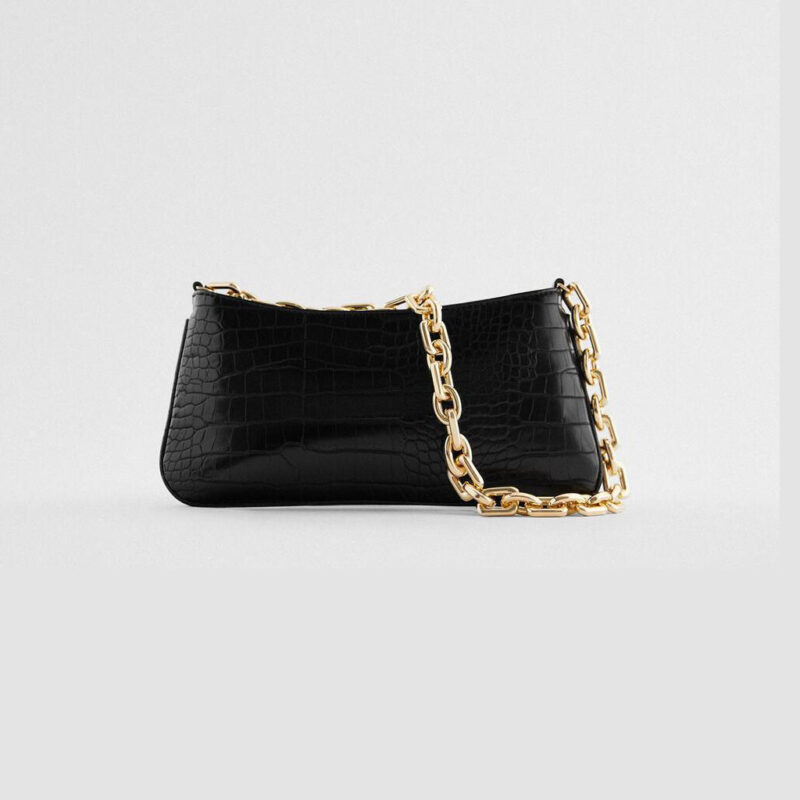 Chains Baguette Tasche für Damen aus schwarzem Krokodil-Leder