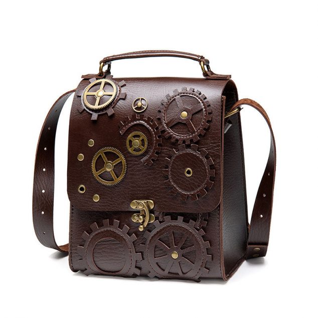 Women's Steampunk Messenger Bag in Brown Vegan Leather