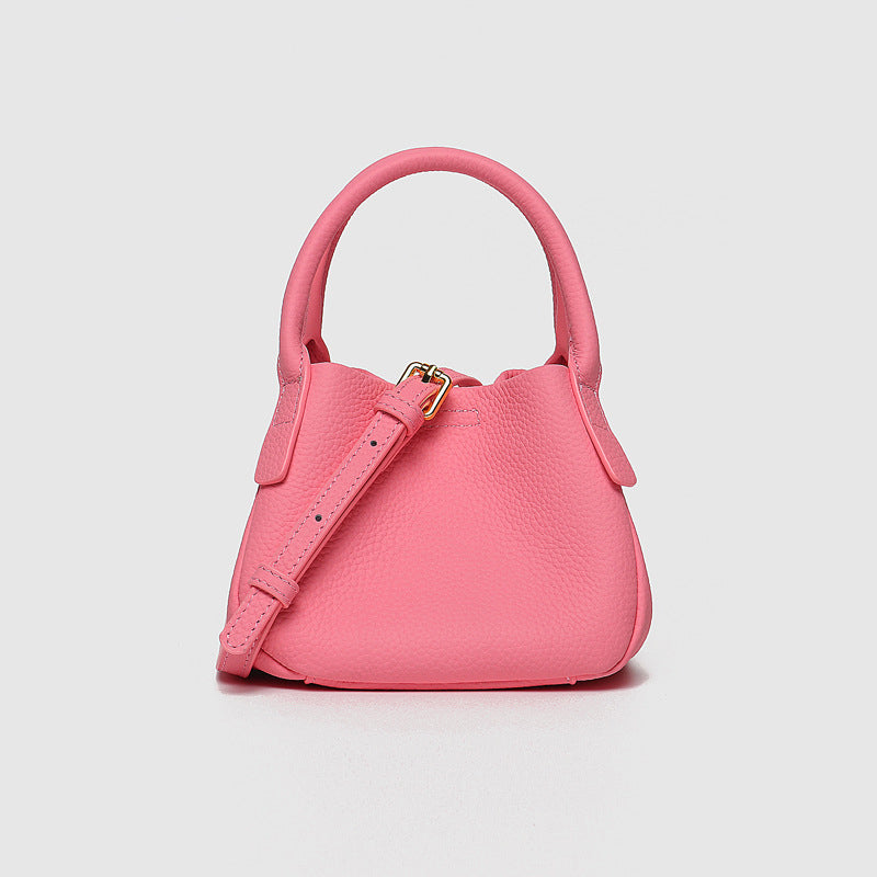 Women's Small Lychee Grain Genuine Leather Top Handle Bucket Bags with Shoulder Strap