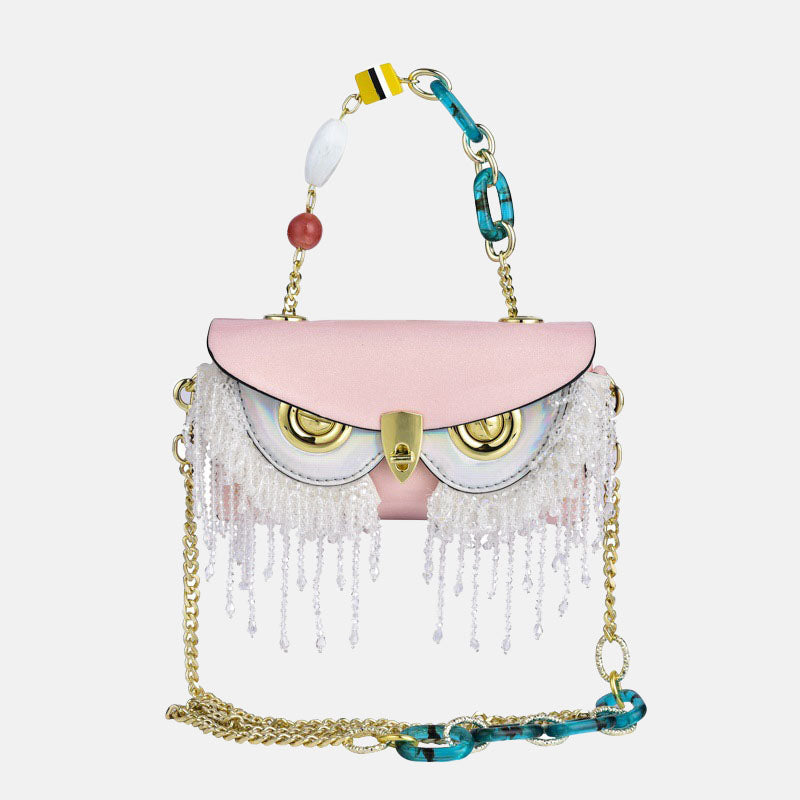 Women's Pink Beaded Fringe Owl Purse in Genuine Leather