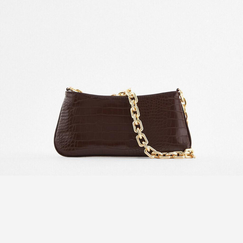 Women's Chains Baguette Bag in Brown Croc Print Vegan Leather