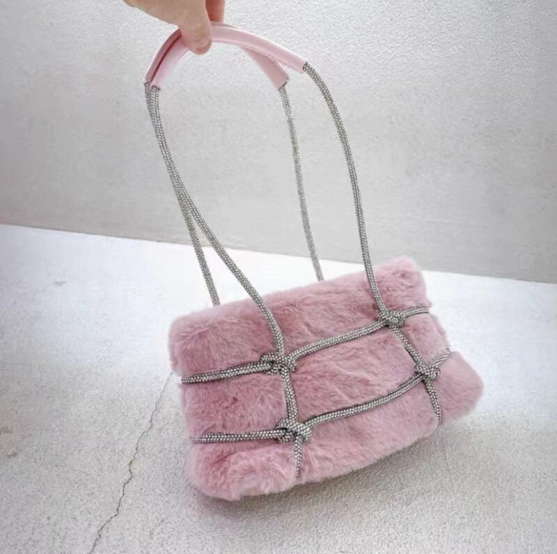 Women's Fuzzy Rhinestone Strap Tie Up Handbags