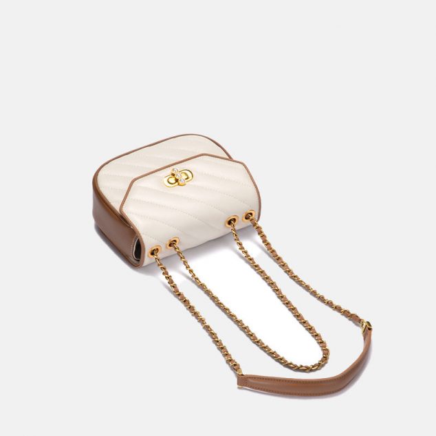 Women's Small Quilted Genuine Leather Convertible Chain Saddle Bags - Beige