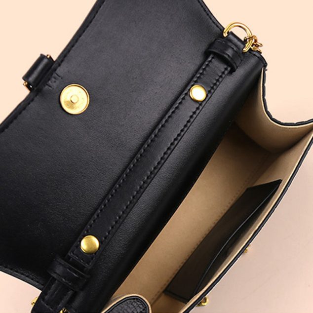 Women's Black Croc Print Genuine Leather Flap Baguette Bags with Chains